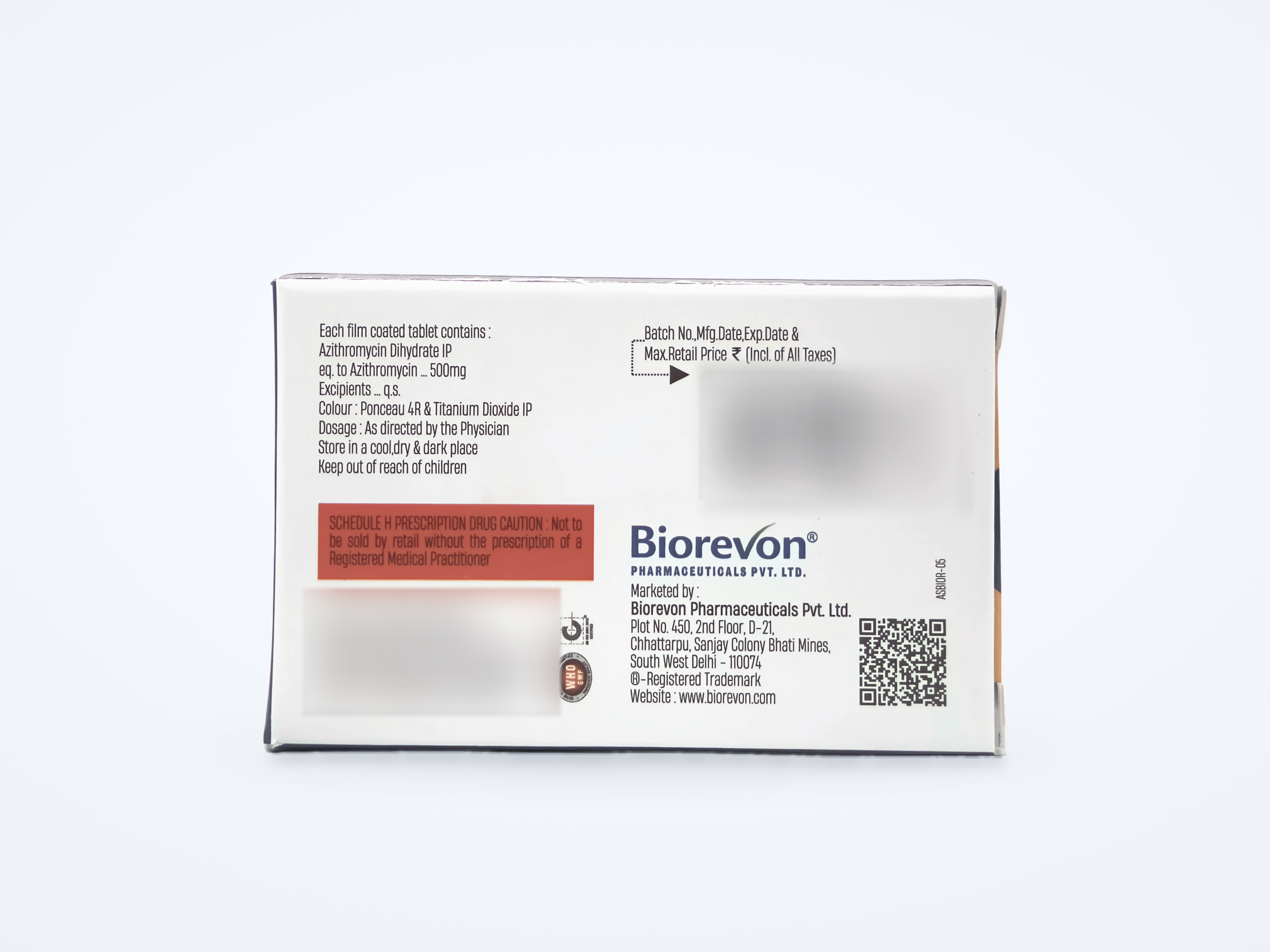 Azivon-500 tablets carton, composition panel