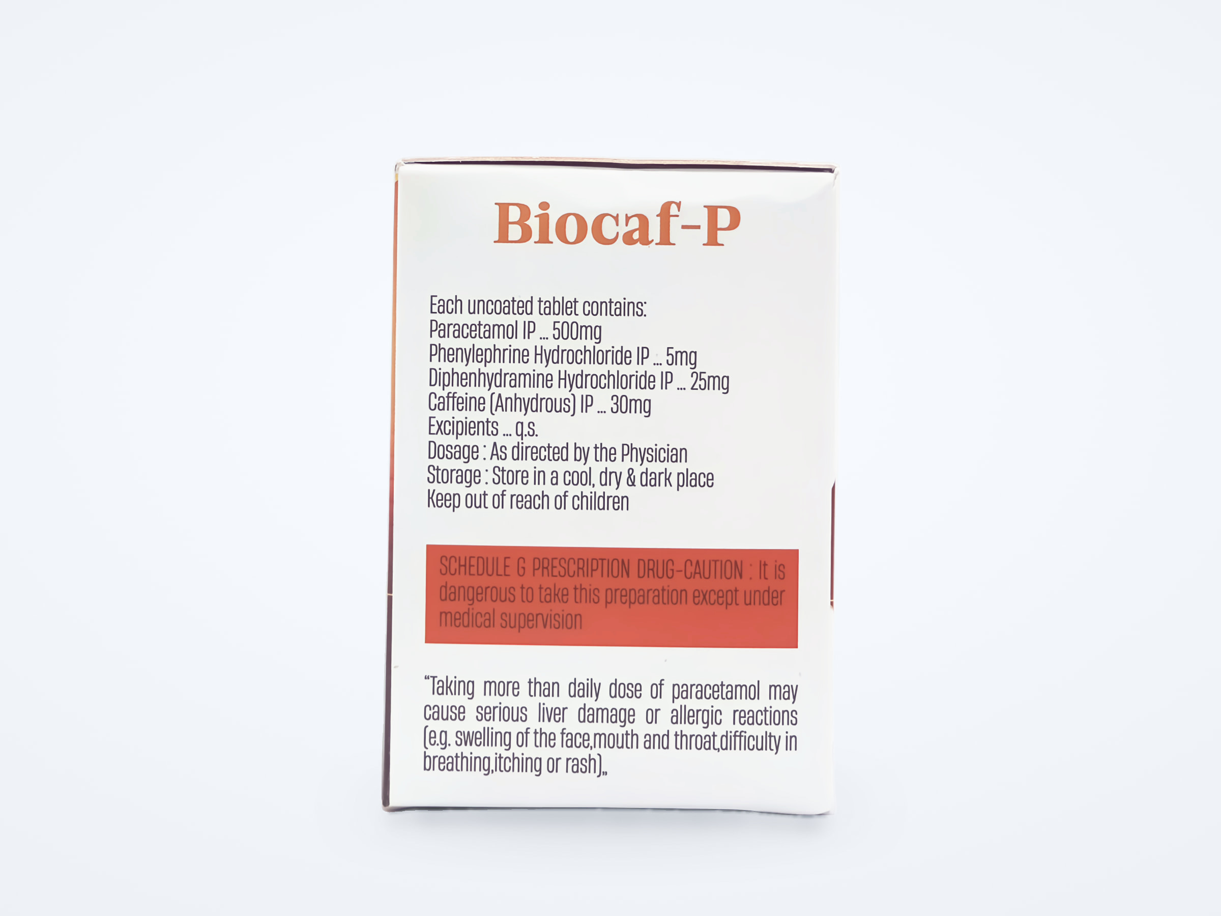 Biocaf-P tablets carton, composition panel