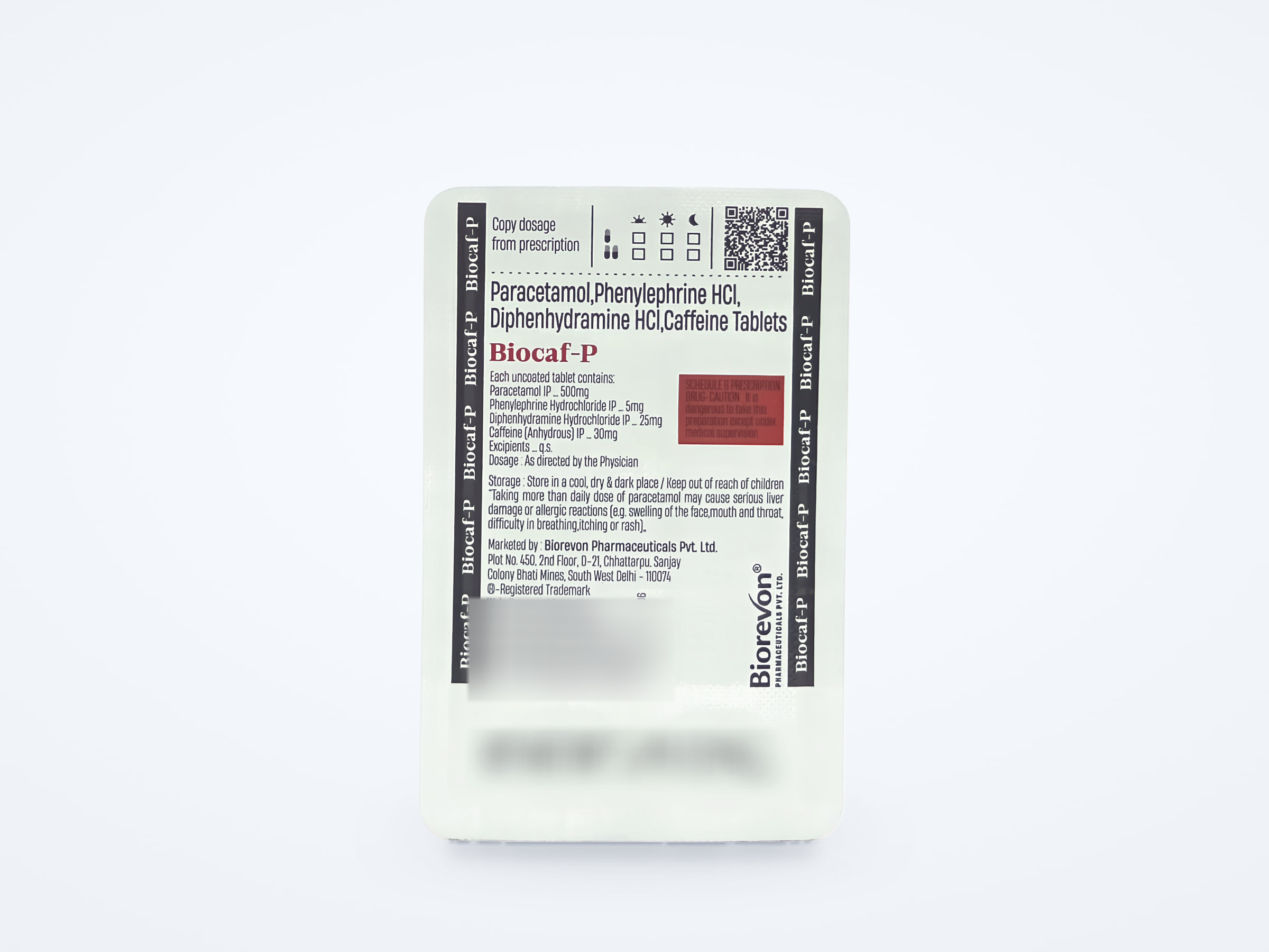 Biocaf-P tablets strip, printed back